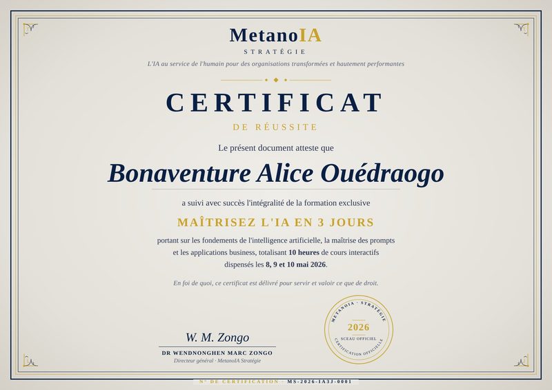 Certificat de réussite officiel délivré par MetanoIA Stratégie après la formation Maîtrisez l'IA en 3 jours